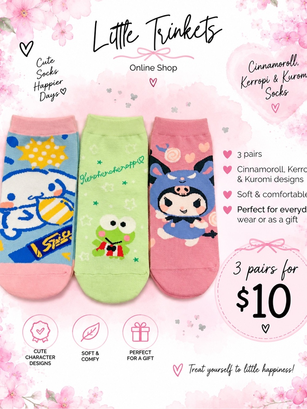 Cinnamoroll, Kerropi & Kuromi (3 pairs for $10)